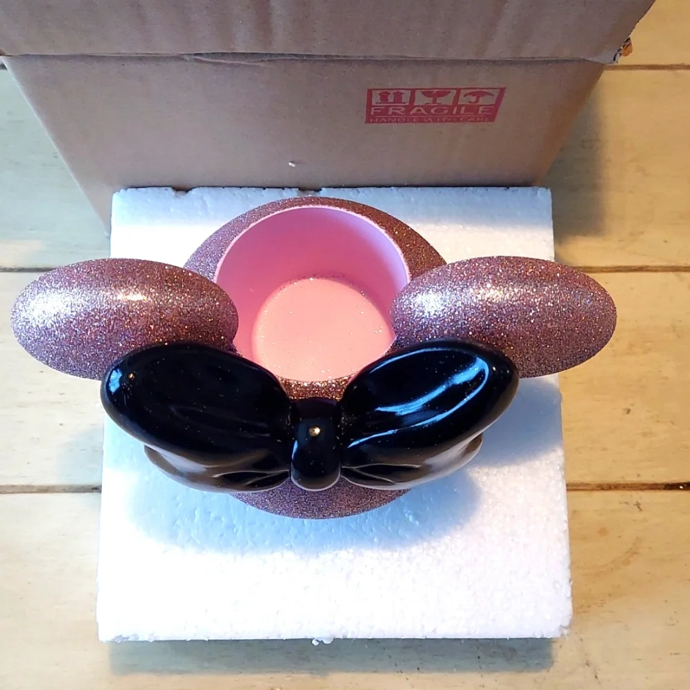 Glittery Pink Minnie Mouse Ears Black Bow Ceramic Accessory Makeup Tumbler BNWT